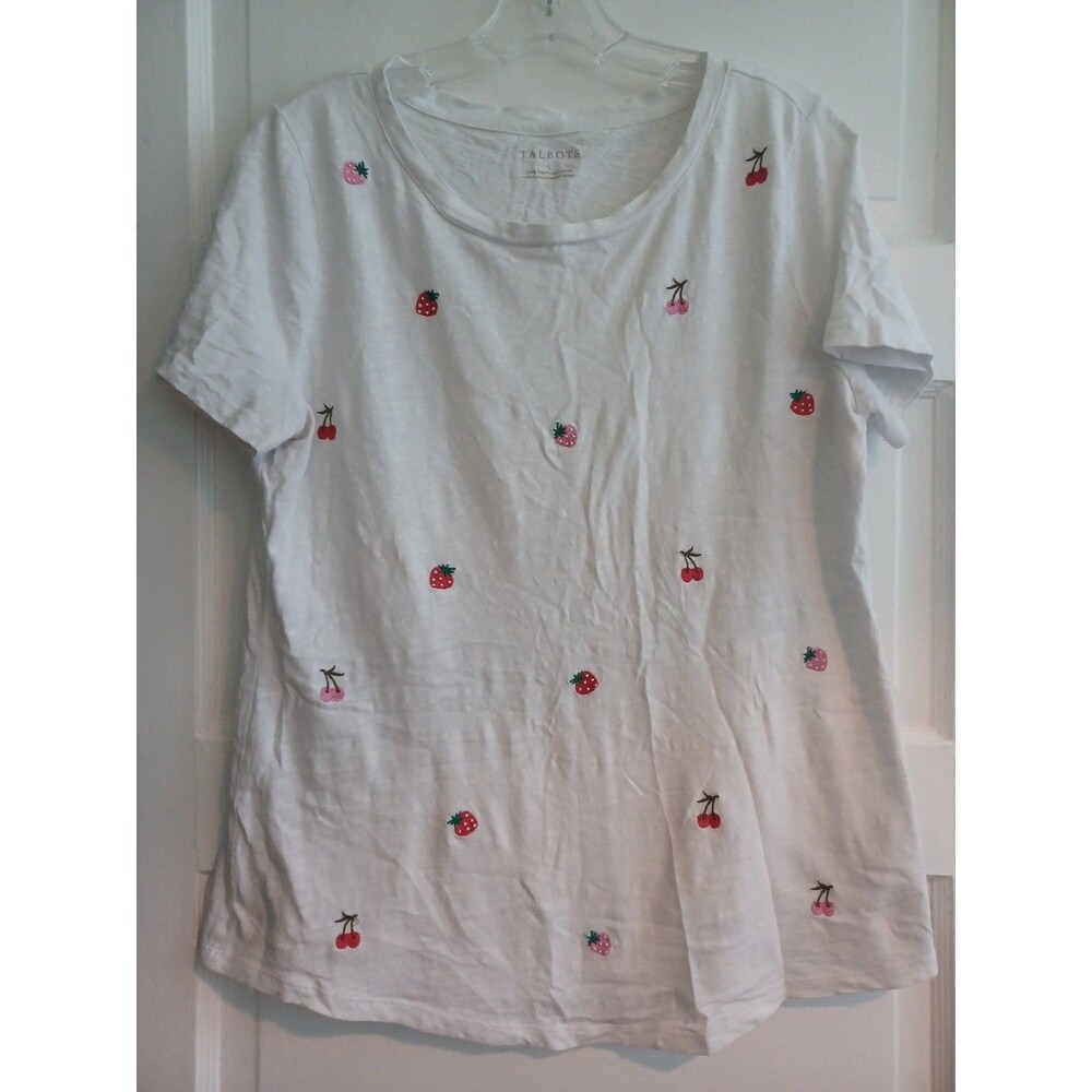 Talbots berry embroidered white knit T-shirt top L preppy colorful summer fruit